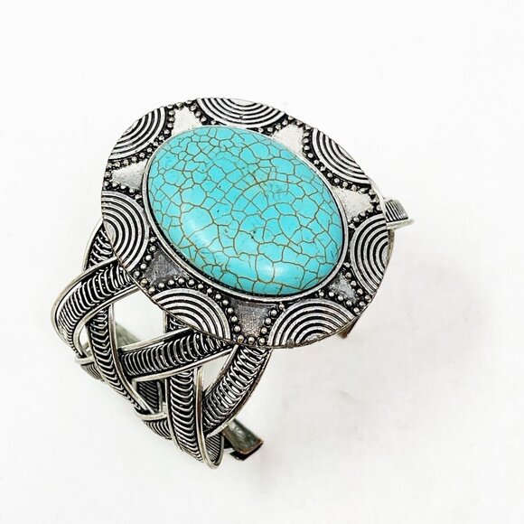 Silver Tone Faux Turquoise Chunky Open Cuff Statement Bracelet Boho Western - Picture 2 of 8